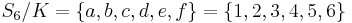 S_{6}/K=\{a,b,c,d,e,f\}=\{1,2,3,4,5,6\}