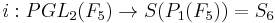 i:PGL_{2}(F_{5})\to S(P_{1}(F_{5}))=S_{6}